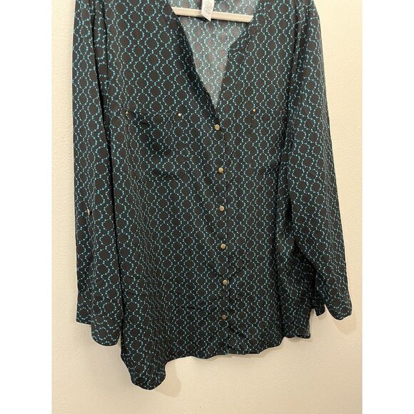 Catherines Blouse Women 3X Black And Teal Roll Up Long Sleeve Button Up - Picture 2 of 8